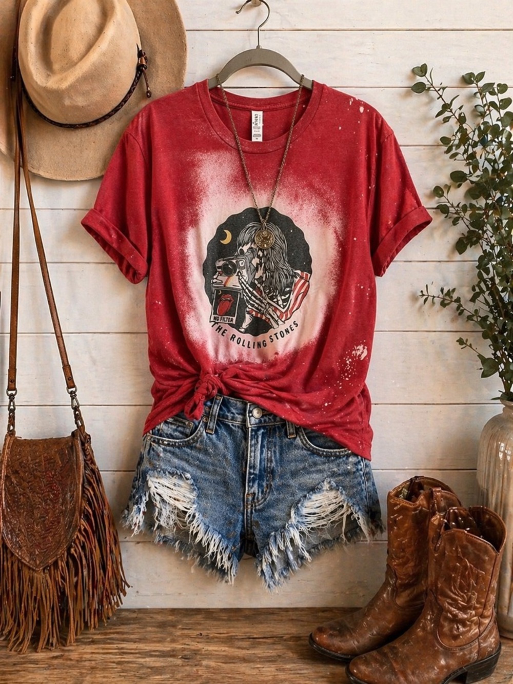 Rolling Stones Graphic Band Tee Distressed Red Vintage Style - Size XL